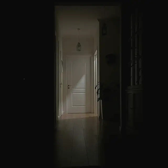 Gece yarısı karanlık bir ev koridoru; aralık bırakılmış banyo kapısından yere düşen ince ışık şeridi, koridorda kimse yok.