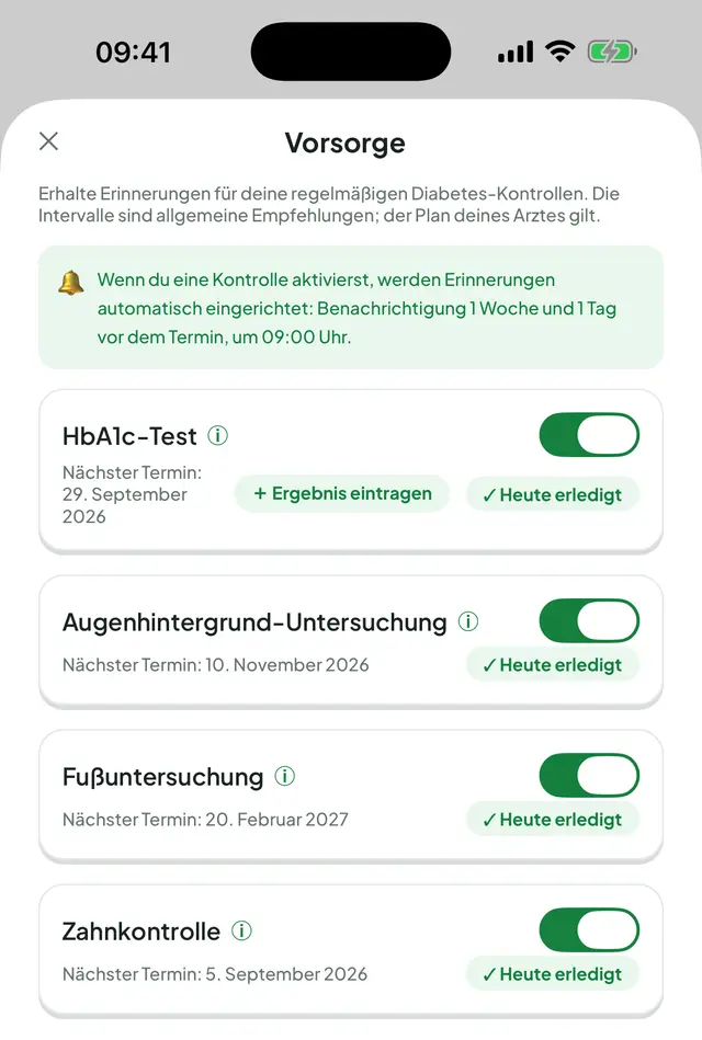 Vorsorge: oben ein Hinweisfeld zur Einrichtung der Erinnerungen, darunter eingeschaltete Schalter für HbA1c-Test, Augenhintergrund, Fußuntersuchung und Zahnkontrolle mit dem jeweils nächsten Termin.