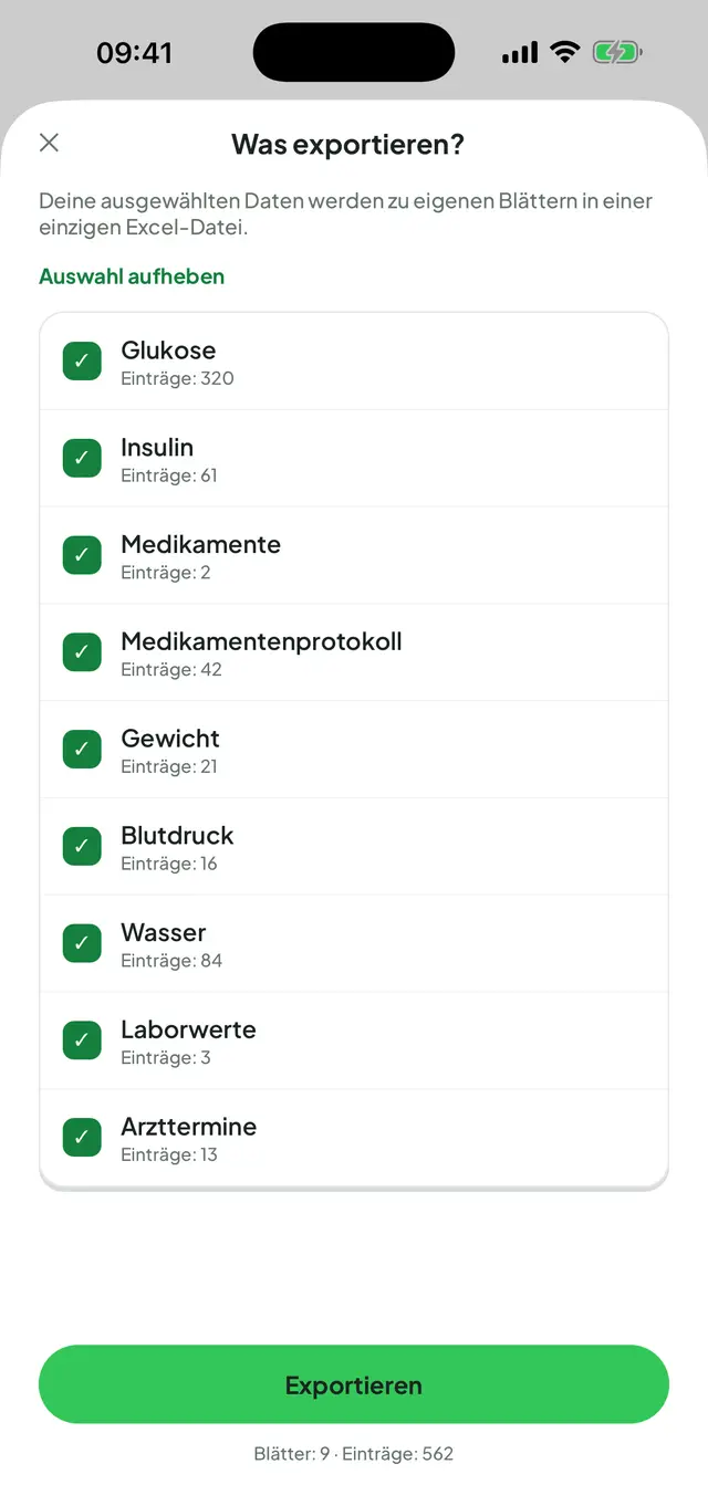Excel-Export: angehakte Liste der Bereiche (Glukose, Insulin, Medikamente, Medikamentenprotokoll, Gewicht, Blutdruck, Wasser, Laborwerte und Arzttermine), je mit Anzahl der Einträge, unten Blätter und Einträge gesamt.