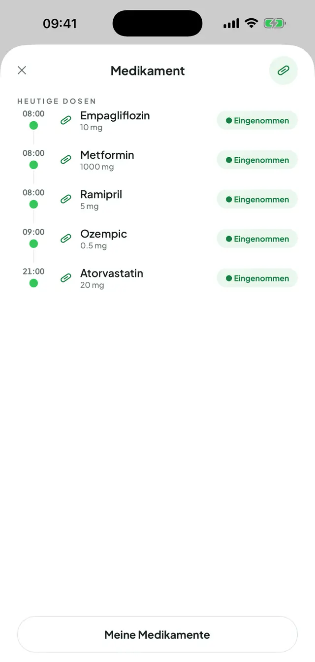 Medikamente: die heutigen Dosen mit ihren Uhrzeiten aufgelistet, in jeder Zeile Name, Dosis und die Markierung „Eingenommen“; unten der Button „Meine Medikamente“.