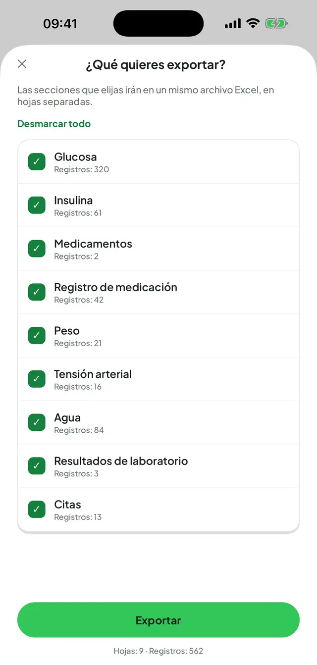 Pantalla de exportación a Excel: las secciones marcadas para exportar (glucosa, insulina, medicamentos, registro de medicación, peso, tensión arterial, agua, resultados de laboratorio y citas) con los registros de cada una y el total abajo.