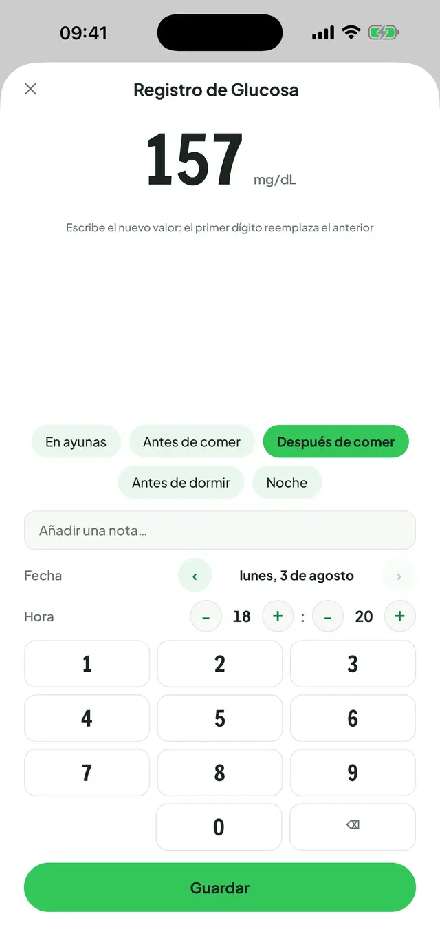 Pantalla de registro de glucosa: el valor en letra grande con su unidad, debajo los contextos en ayunas, antes de comer, después de comer, antes de dormir y noche, el ajuste de fecha y hora y el teclado numérico.