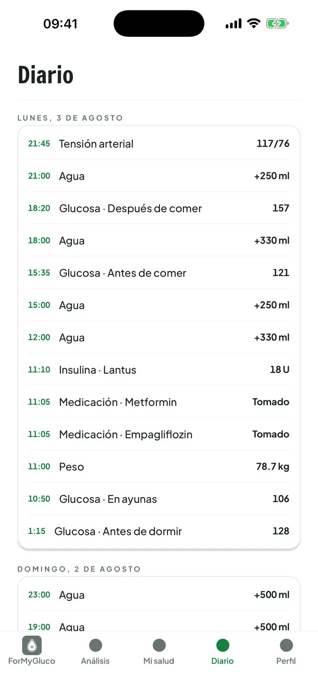 Pantalla Diario: bajo el título de cada día, los registros ordenados por hora (tensión arterial, agua, mediciones de glucosa, dosis de insulina y tomas de medicación) en una sola lista.