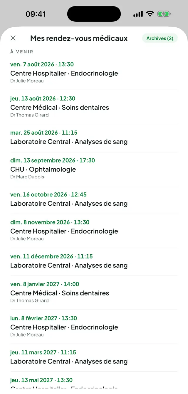 Mes rendez-vous médicaux : le badge des archives, puis les rendez-vous à venir avec la date et l'heure, l'établissement et le service, et le nom du médecin.