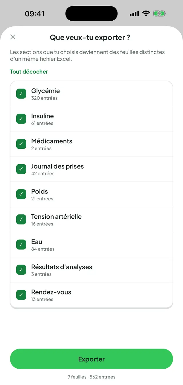 Écran d'export Excel : les sections à exporter cochées (glycémie, insuline, médicaments, journal des prises, poids, tension, eau, résultats d'analyses et rendez-vous) avec le nombre d'entrées et, en bas, le total de feuilles et d'entrées.