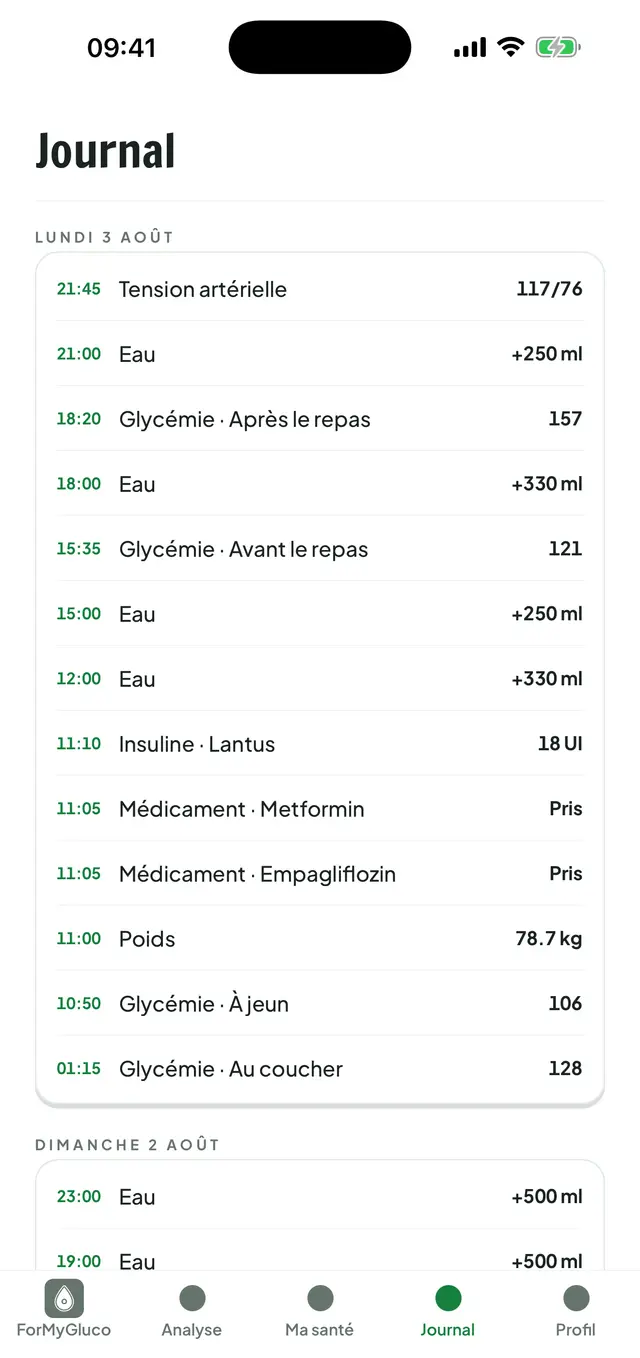 Écran Journal : sous les en-têtes de jour, les entrées classées par heure (tension, eau, mesures de glycémie, dose d'insuline et prises de médicaments) dans une seule liste.