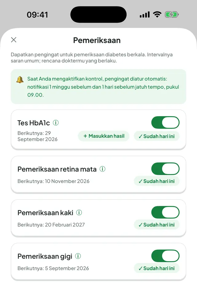 Layar Pemeriksaan: kotak informasi yang menjelaskan cara pengingat diatur, di bawahnya sakelar aktif untuk tes HbA1c, pemeriksaan retina mata, kaki, dan gigi beserta tanggal berikutnya.