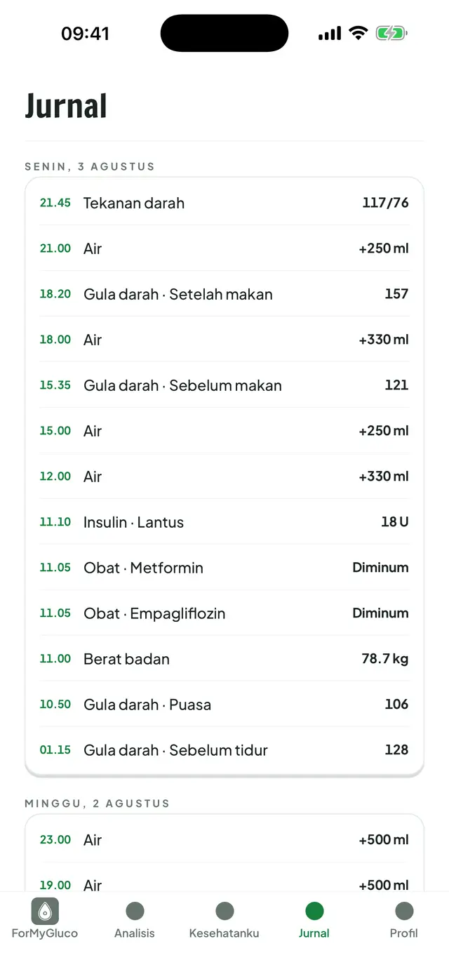 Layar Jurnal: di bawah judul tanggal, catatan tersusun menurut jam (tekanan darah, air minum, pengukuran gula darah, dosis insulin, dan obat yang diminum) dalam satu daftar.