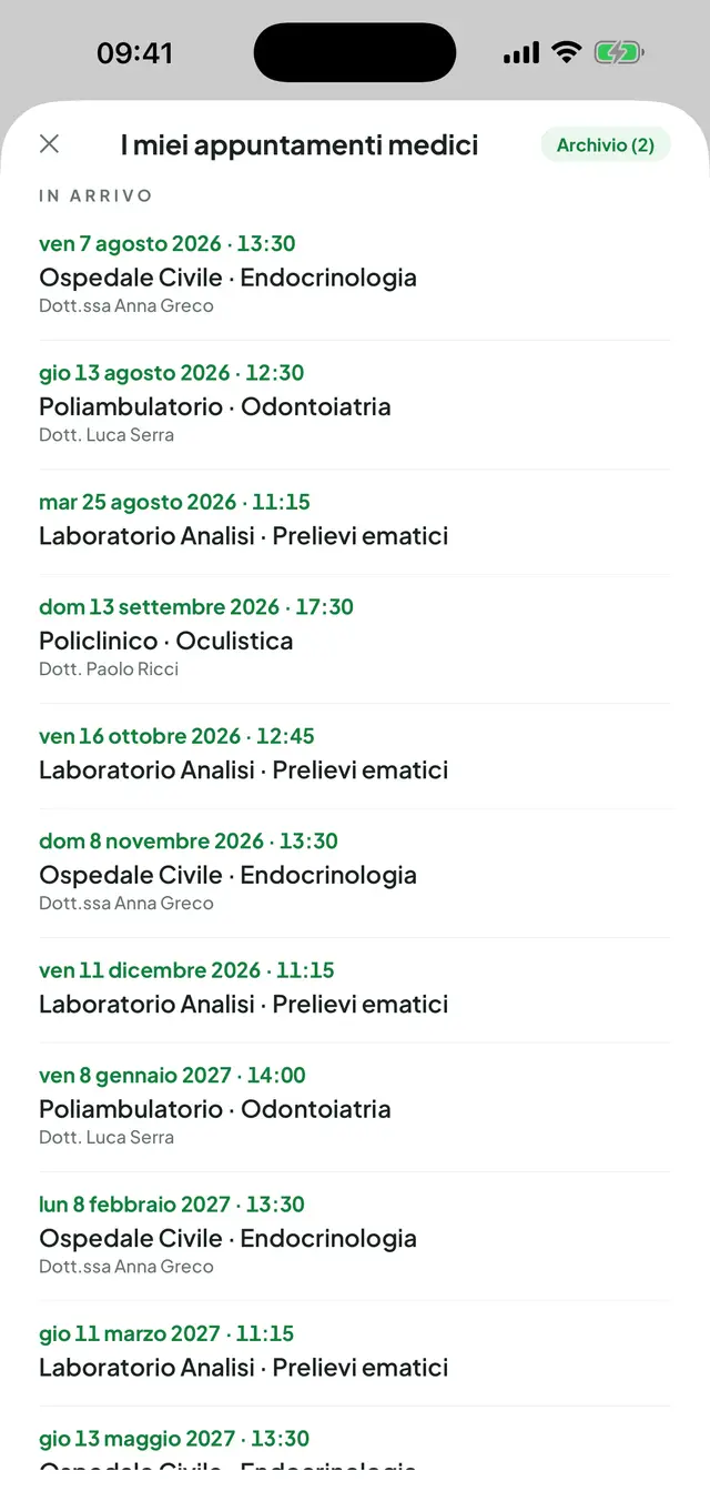 Appuntamenti medici: il badge dell'archivio e quattro appuntamenti in arrivo, ognuno con data e ora, ospedale, reparto e, se indicato, il nome del medico.