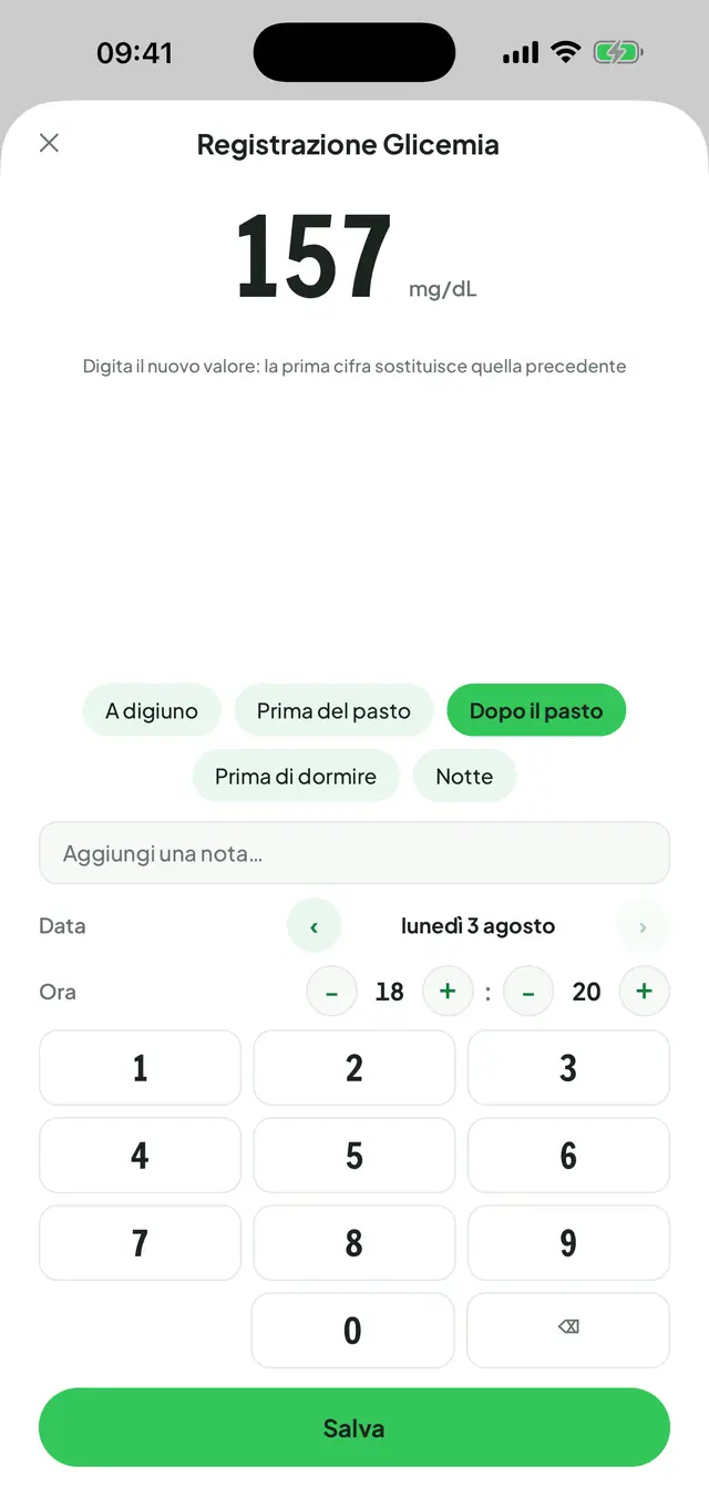Schermata di registrazione della glicemia: il valore in grande con la sua unità, sotto le opzioni di contesto (a digiuno, prima e dopo il pasto, prima di dormire, notte), la data e ora e il tastierino numerico.