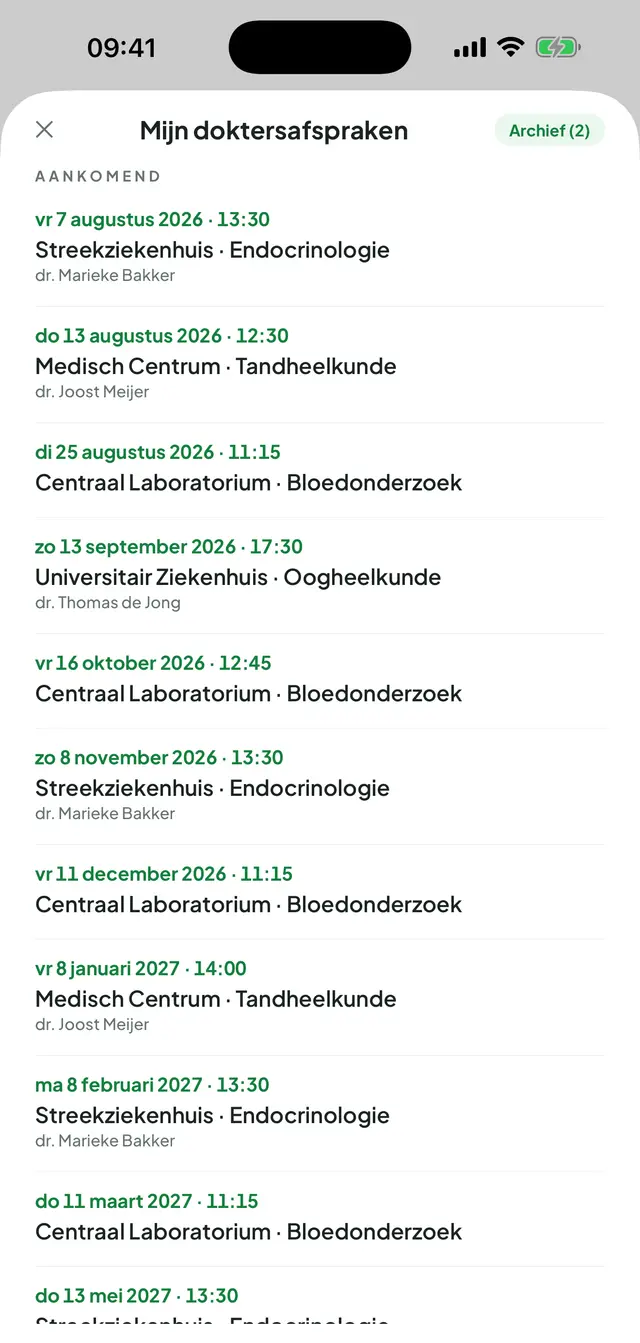 Doktersafspraken: rechtsboven het archief, daaronder de aankomende afspraken met datum en tijd, ziekenhuis en afdeling en de naam van de arts.
