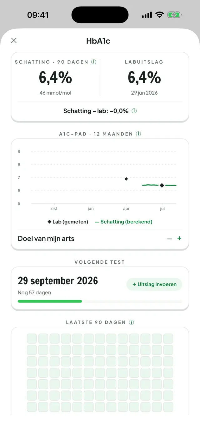 HbA1c-overzicht: een grafiek van het A1c-verloop over 12 maanden waarin labuitslagen naast de schatting staan, en een mozaïek van 90 dagen metingen.