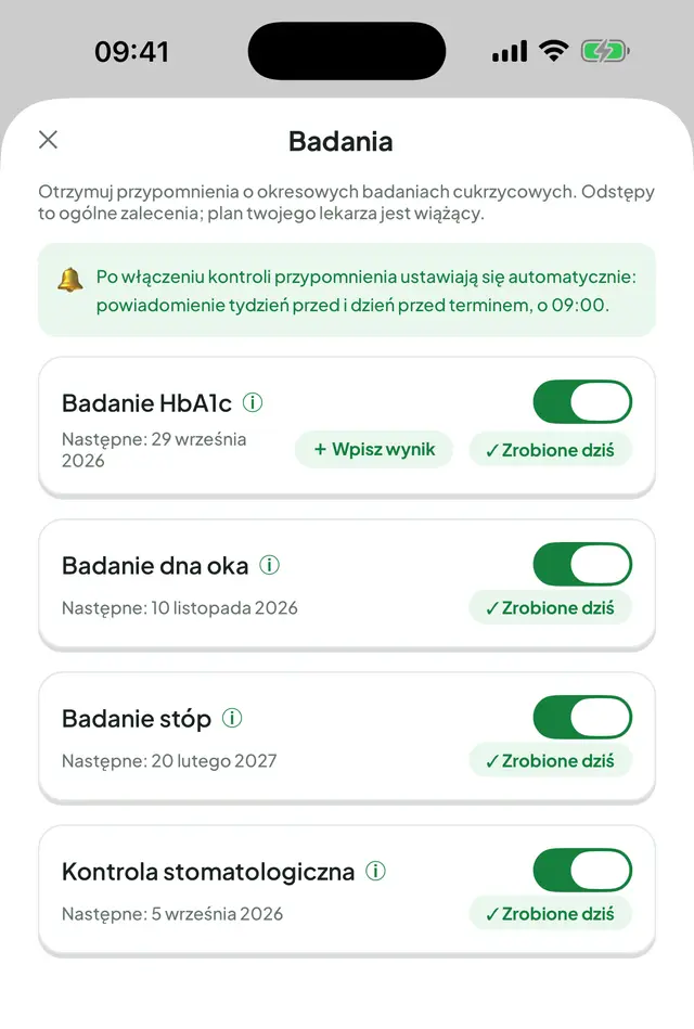Ekran Badania: ramka z informacją, jak ustawiają się przypomnienia, a pod nią przełączniki badania HbA1c, dna oka, stóp i kontroli stomatologicznej; przy każdym najbliższa data.