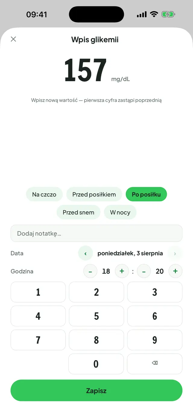 Ekran wpisu glikemii: wartość wpisana dużą czcionką wraz z jednostką, pod nią konteksty na czczo, przed posiłkiem, po posiłku, przed snem i w nocy, ustawienie daty i godziny oraz klawiatura numeryczna.