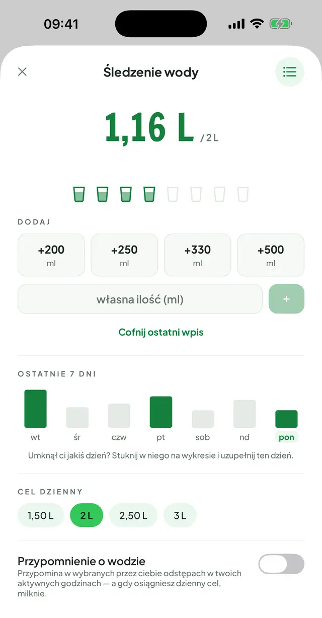Śledzenie wody: dzienna suma z celem dziennym, rząd ikon szklanek, przyciski szybkiego dodawania, słupki z ostatnich 7 dni, wybór celu i przełącznik przypomnień.