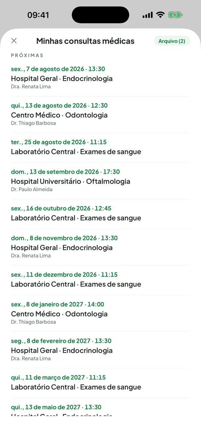 Minhas consultas médicas: o selo Arquivo com o número de consultas guardadas e a lista das próximas com data e hora, instituição e especialidade e o nome do médico.