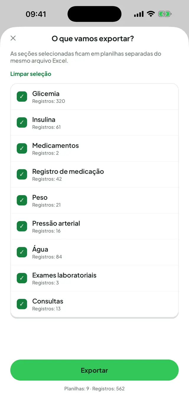 Tela de exportação para Excel: seções marcadas (glicemia, insulina, medicamentos, registro de medicação, peso, pressão, água, exames e consultas) com a contagem de cada uma e o total de planilhas e registros embaixo.