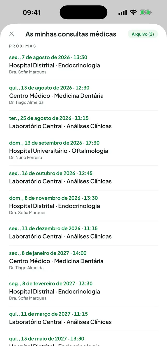 Consultas médicas: o arquivo com o número de consultas guardadas e a lista das próximas, cada uma com data e hora, a instituição e a especialidade e o nome do médico.