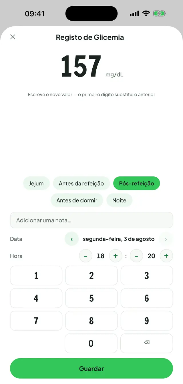 Ecrã de registo de glicemia: o valor em letras grandes com a unidade, por baixo os contextos jejum, antes da refeição, pós-refeição, antes de dormir e noite, o ajuste de data e hora e o teclado numérico.