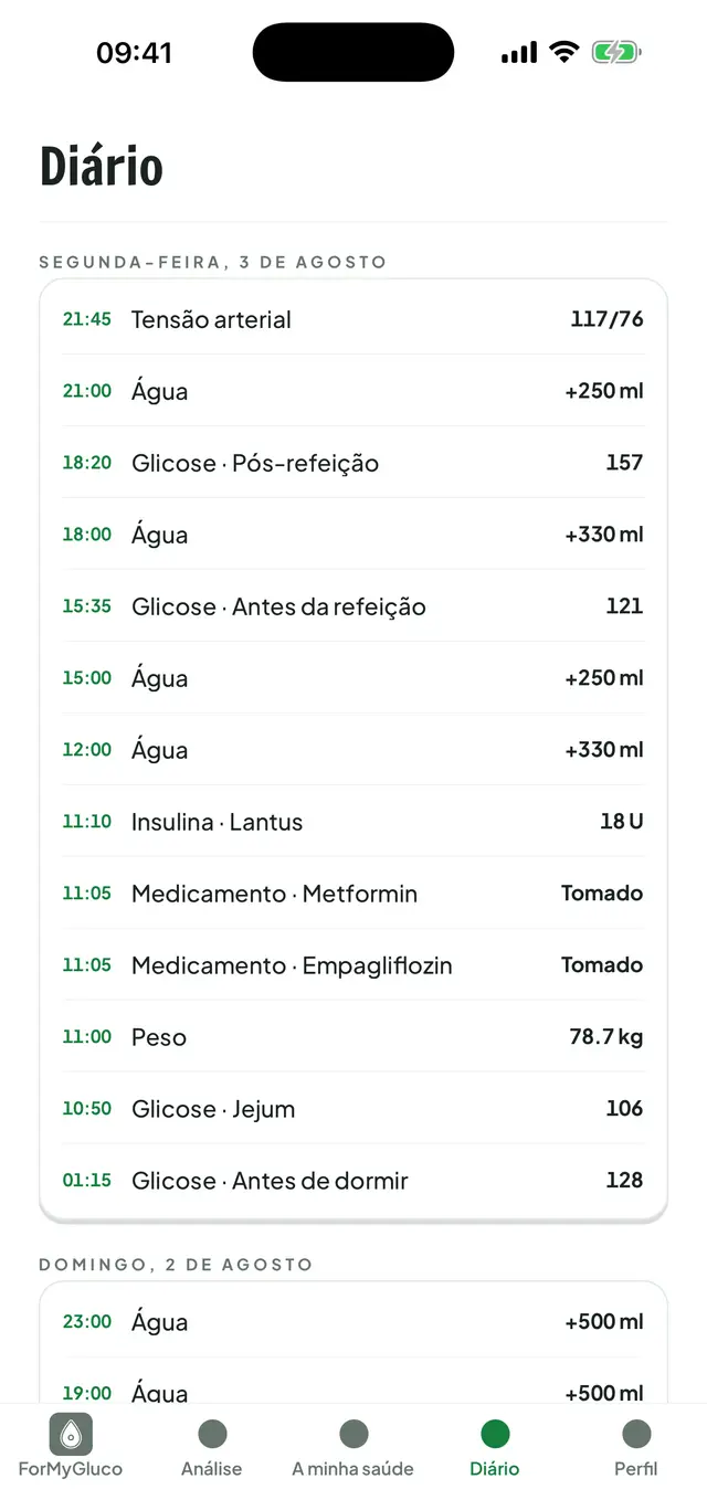 Ecrã do diário: sob os títulos de cada dia, os registos por ordem de hora (tensão, água, medições de glicemia, dose de insulina e tomas de medicamentos), tudo numa só lista.